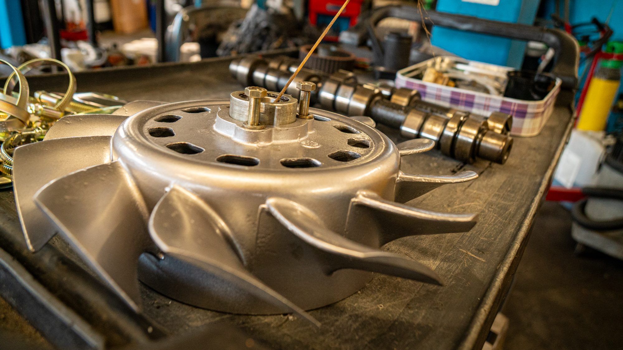 Air-cooled Porsche engine cooling fan and camshafts on the bench
