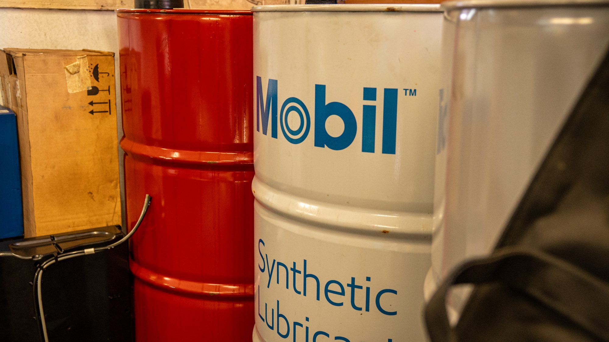 Mobil synthetic oil drums in the workshop