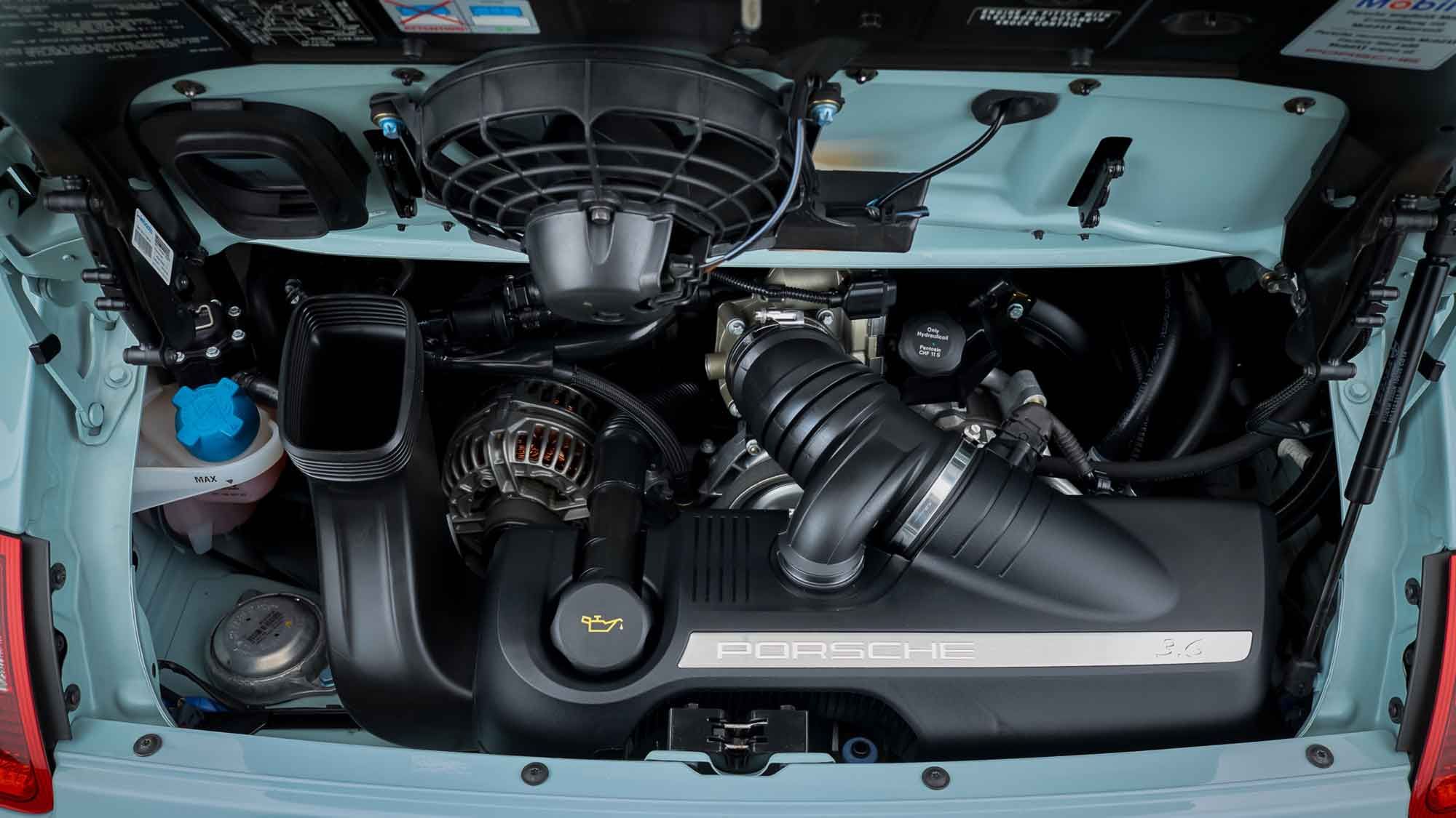 Engine bay of a Porsche 911 with a 3.6 flat-six