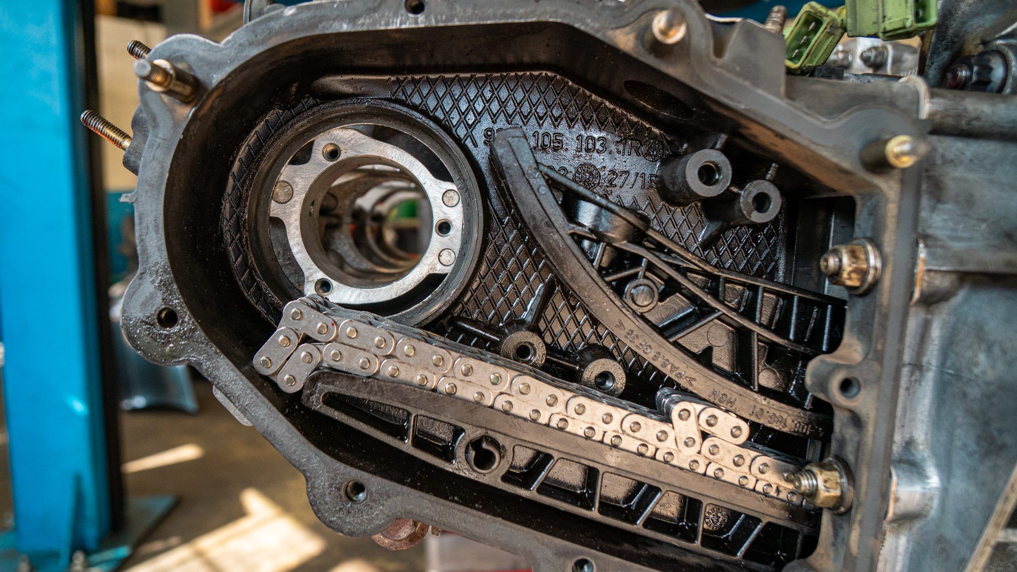 Timing chain and cover on a Porsche engine