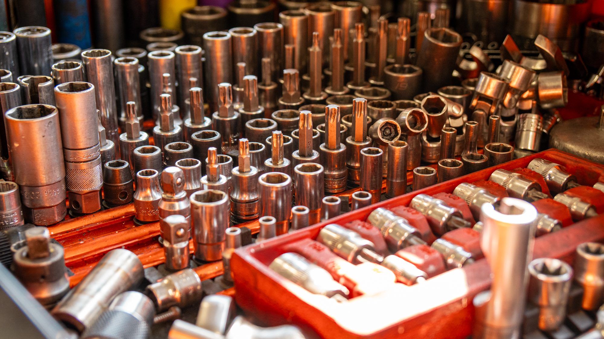 Tool drawer full of sockets in the workshop
